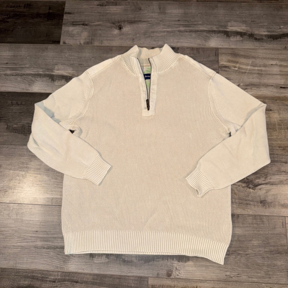 Tommy Bahama Men XL Cream Waffle Knit Full Zip Cotton Sweater Jacket Coastal